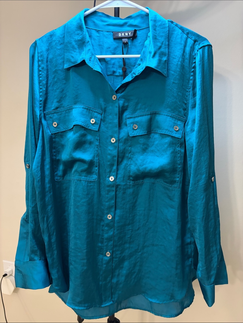 DKNY Teal Long-Sleeve Button-Front Satin Shirt